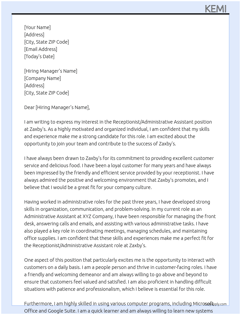 Receptionist/Admin assistanr  At zaxbys  Cover Letter