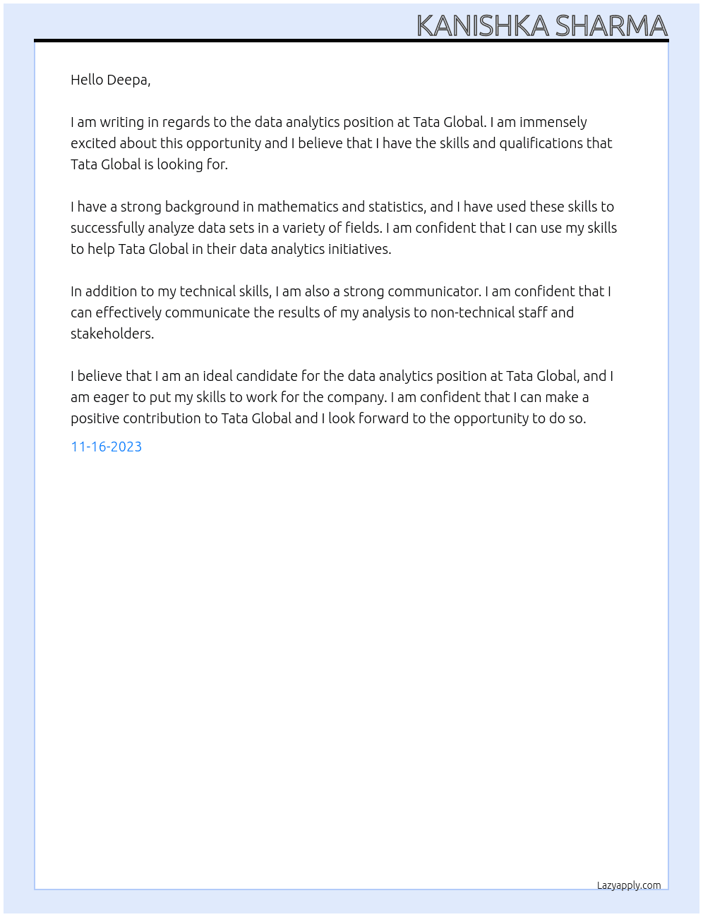 data analytics At tata global internship Cover Letter