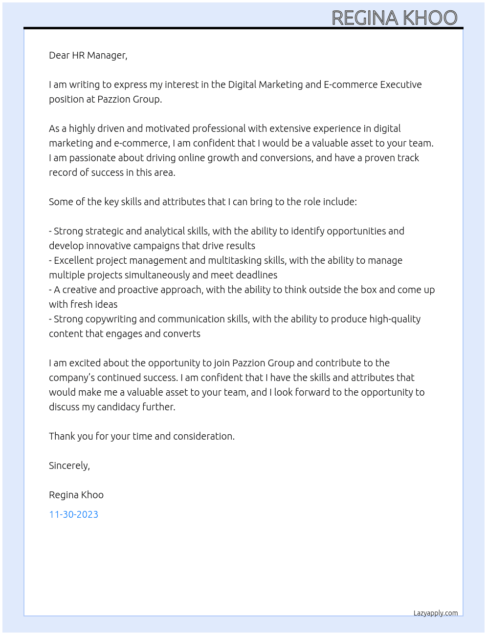 Digital Marketing and E-commerce Executive  At Pazzion Group Cover Letter