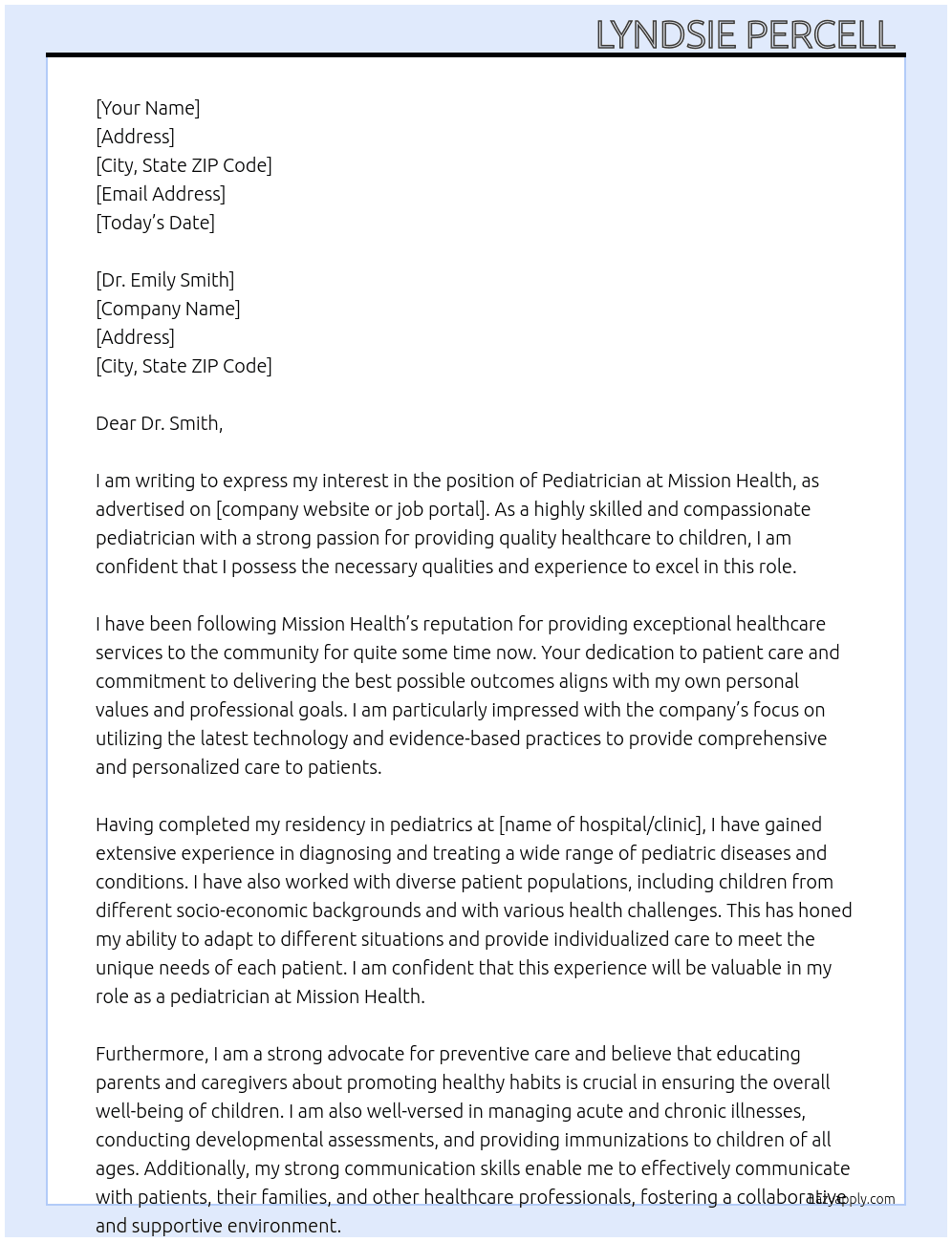 pediatrition  At mission health  Cover Letter