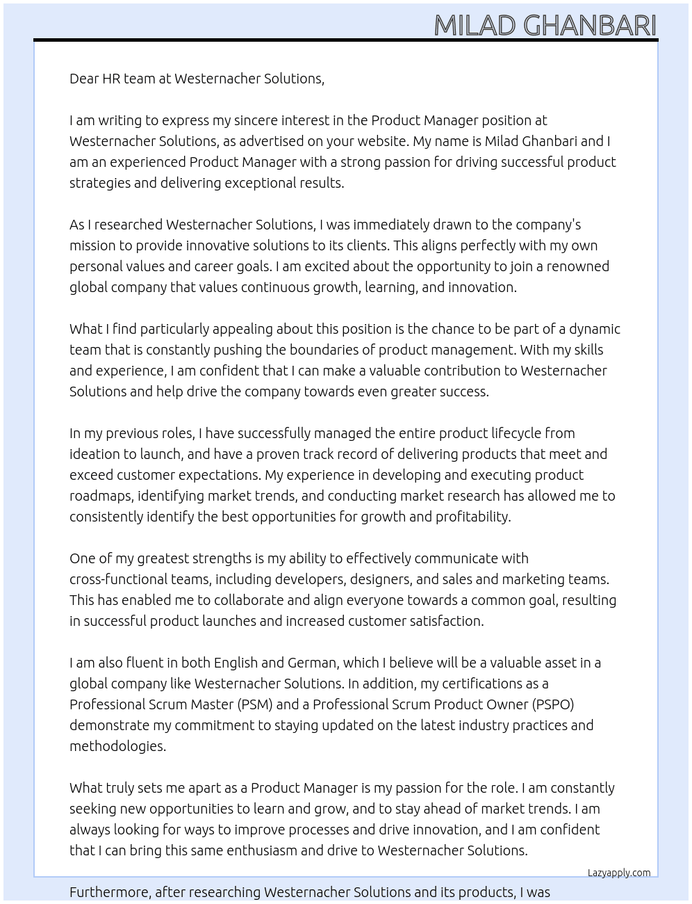 product manager At Westernacher Solutions Cover Letter