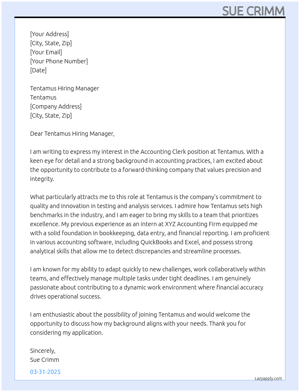 Accounting Clerk At Tentamus Cover Letter