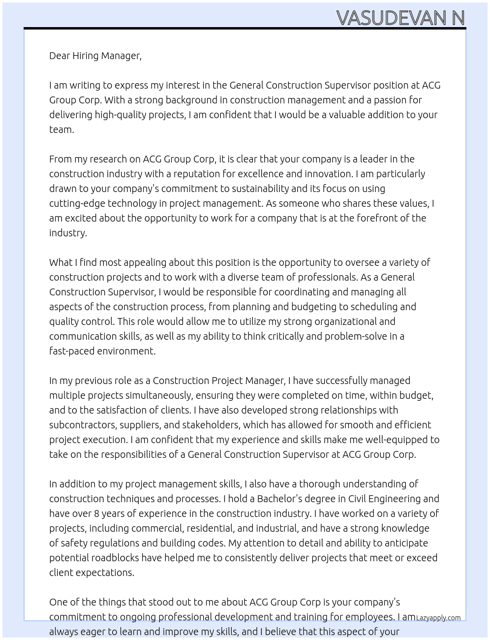 General construction supervisor  At ACG Group Corp Cover Letter