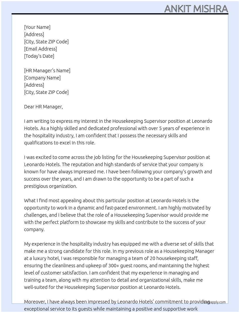 Housekeeping supervisor  At Leonardo hotels Cover Letter
