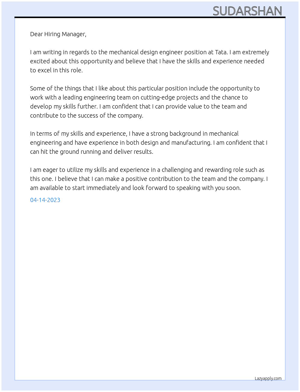 Mechanical design engineer At Tata Cover Letter