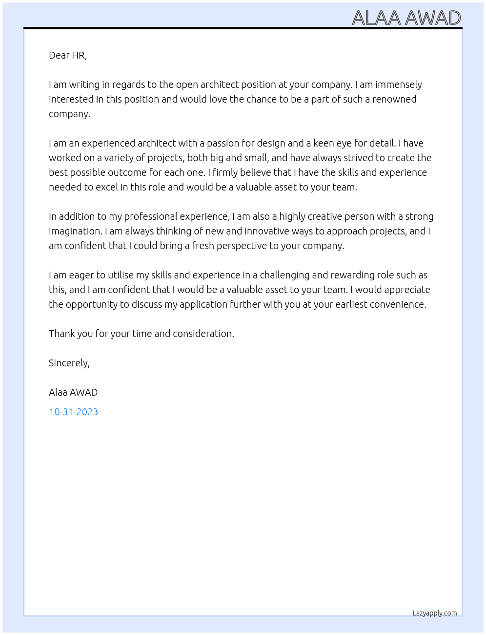 architect  At all Cover Letter