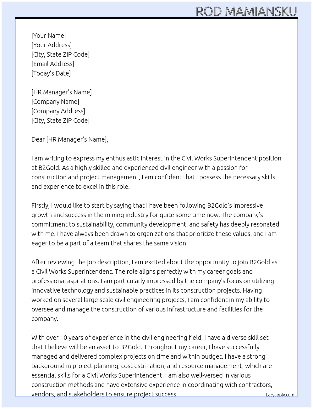 Cover letter for civil works superintendent - LazyApply