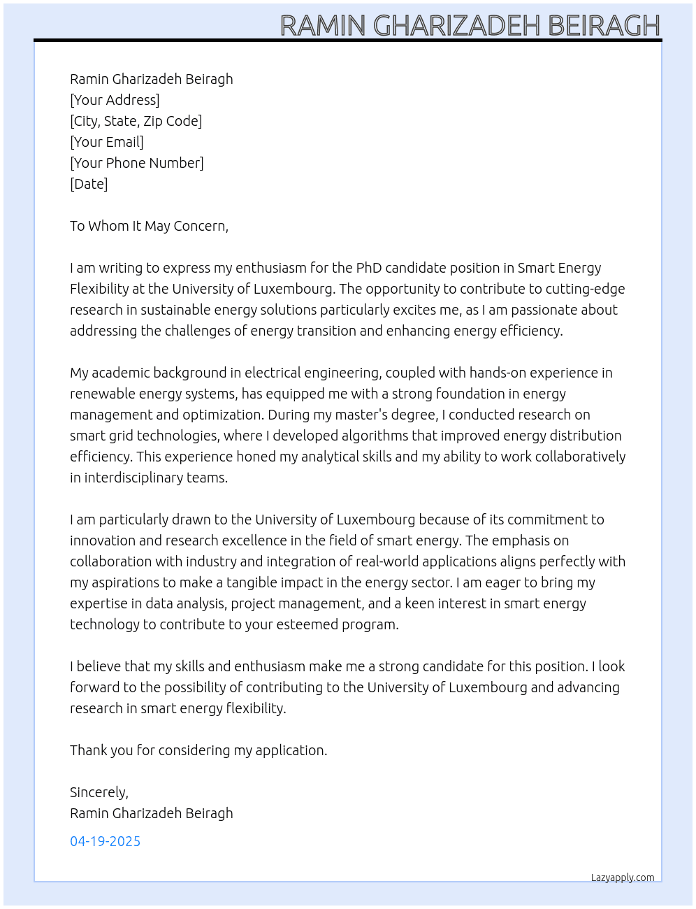 PhD candidate in Smart Energy Flexibility At  University of Luxembourg Cover Letter
