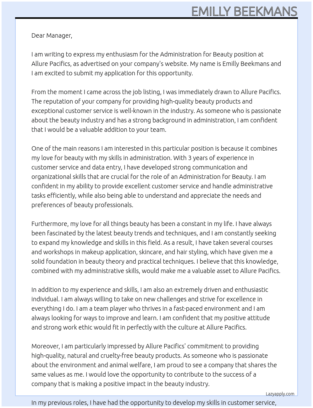 Administration for Beauty At allure pacifics Cover Letter