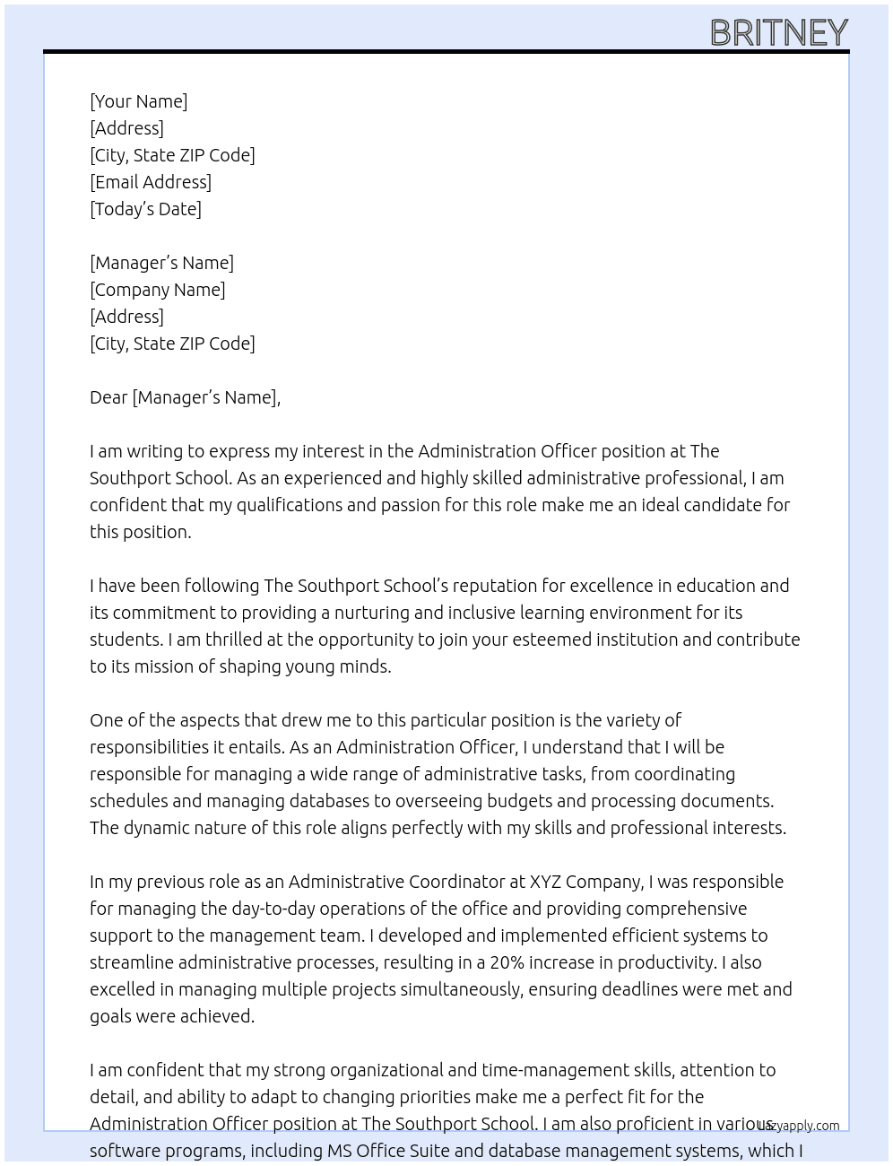 Administration Officer At The Southport School Cover Letter