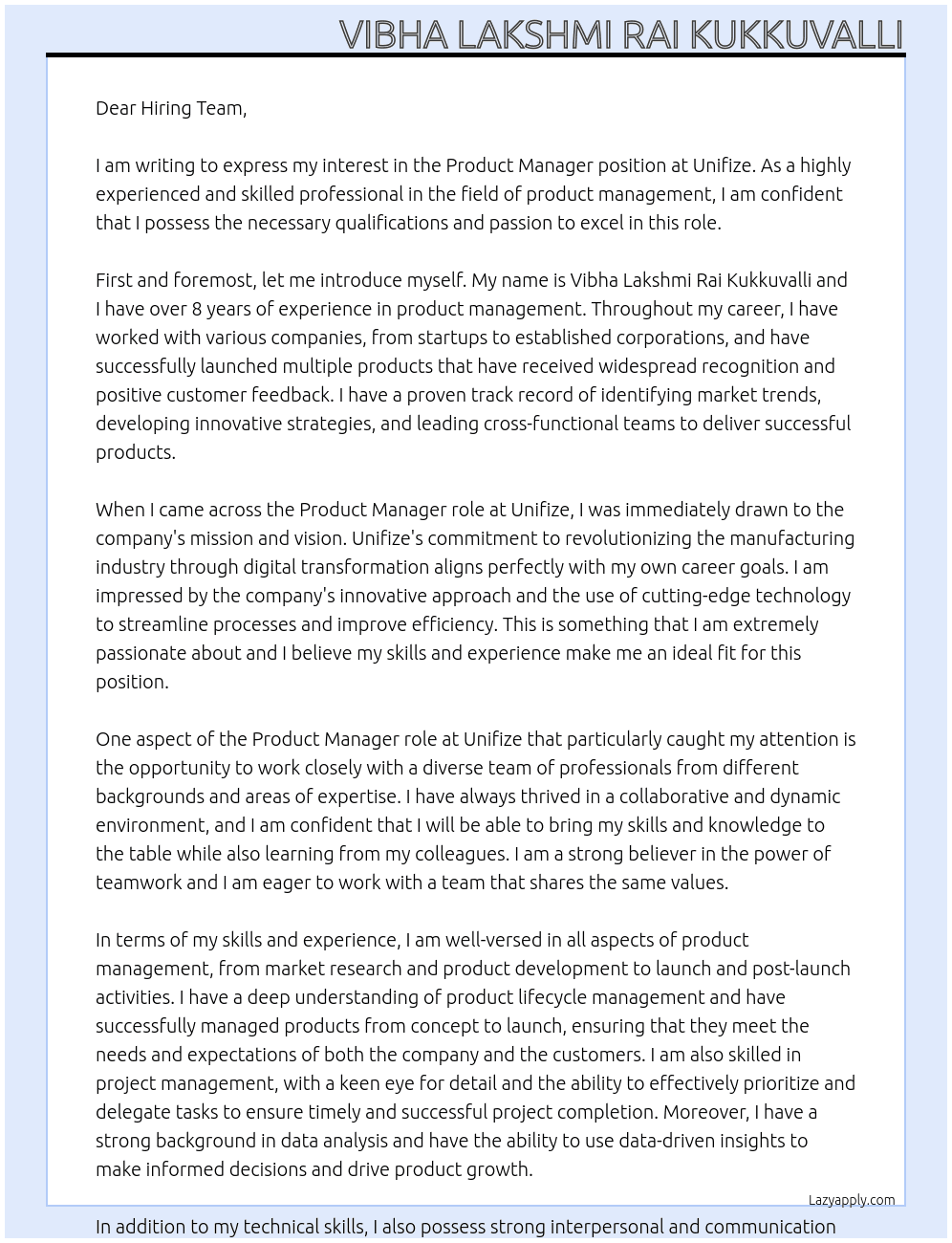 Product Manager At Unifize Cover Letter