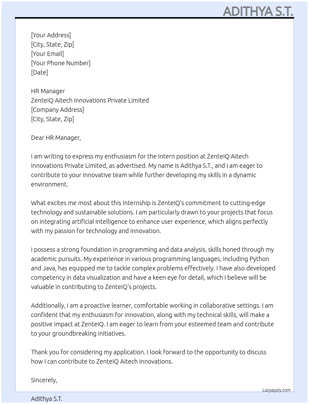 Intern At ZenteiQ Aitech Innovations Private Limited Cover Letter