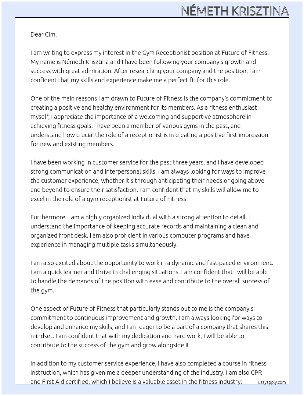 Gym receptionist At Future of Fitness Cover Letter