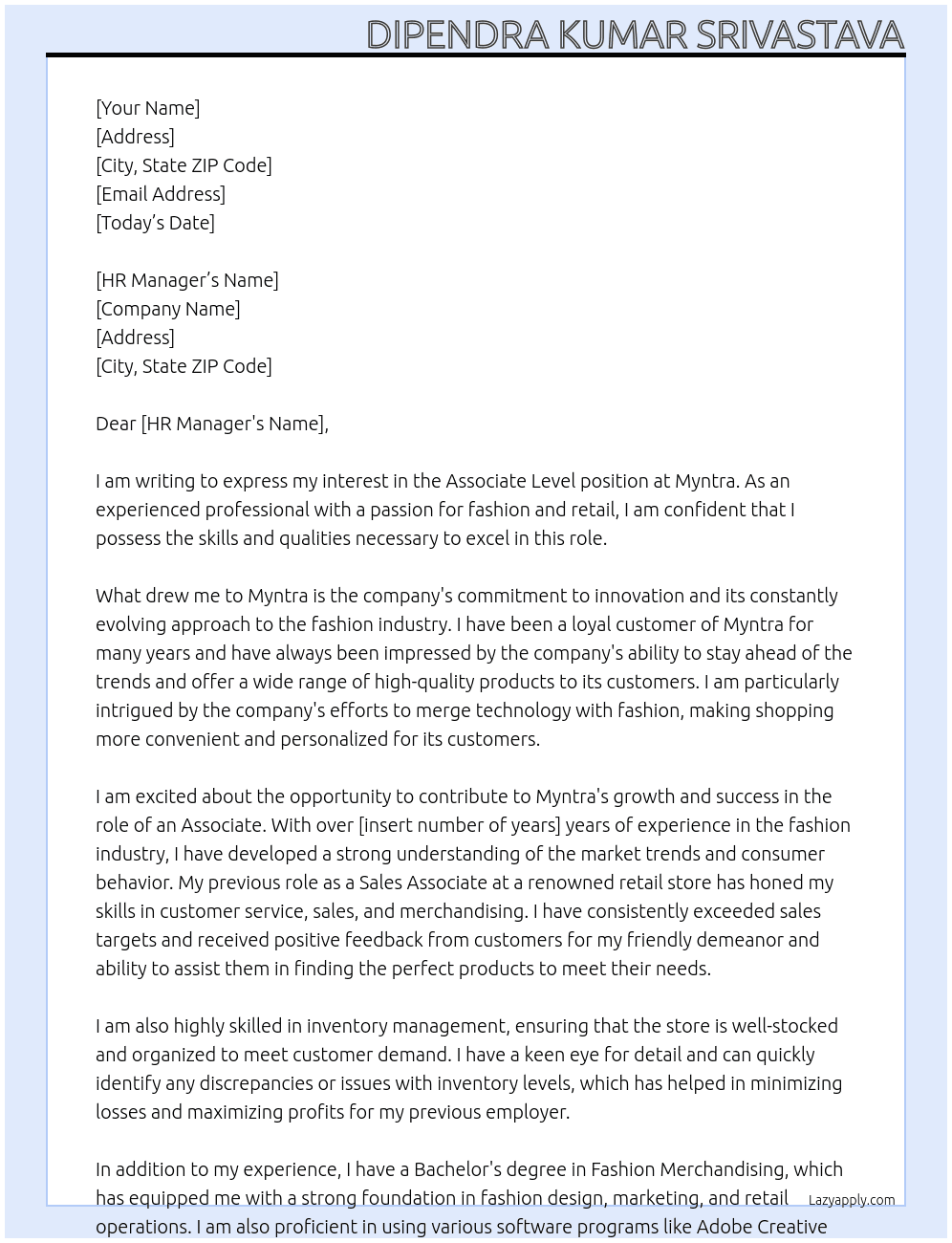 Associate Level At Myntra Cover Letter