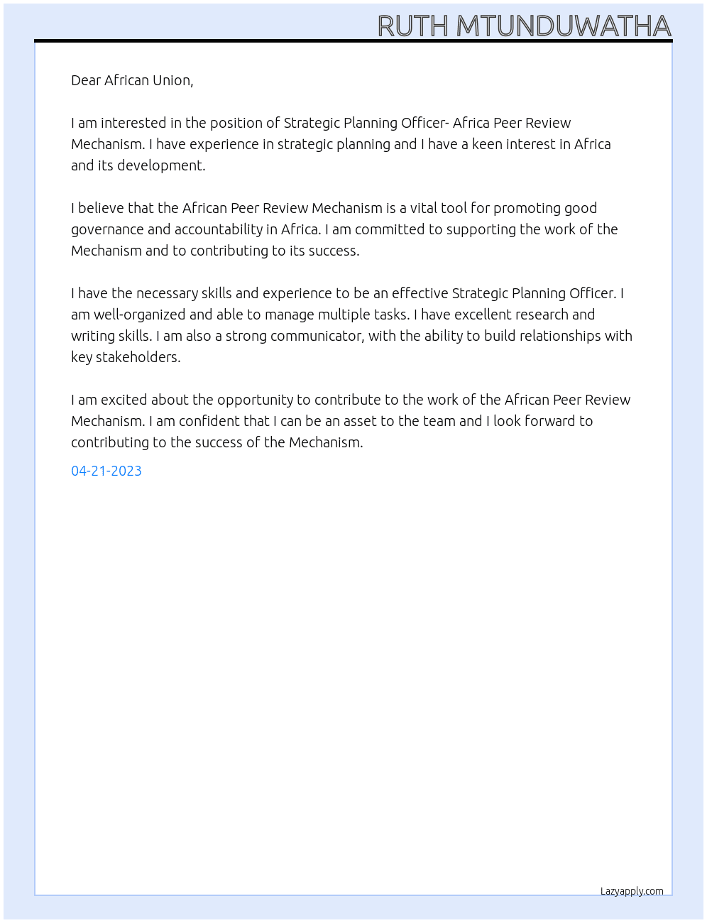Strategic Planning Officer- Africa Peer Review Mechanism At African Union Cover Letter