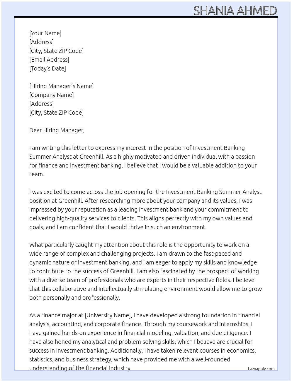  Investment Banking Summer Analyst At Greenhill Cover Letter