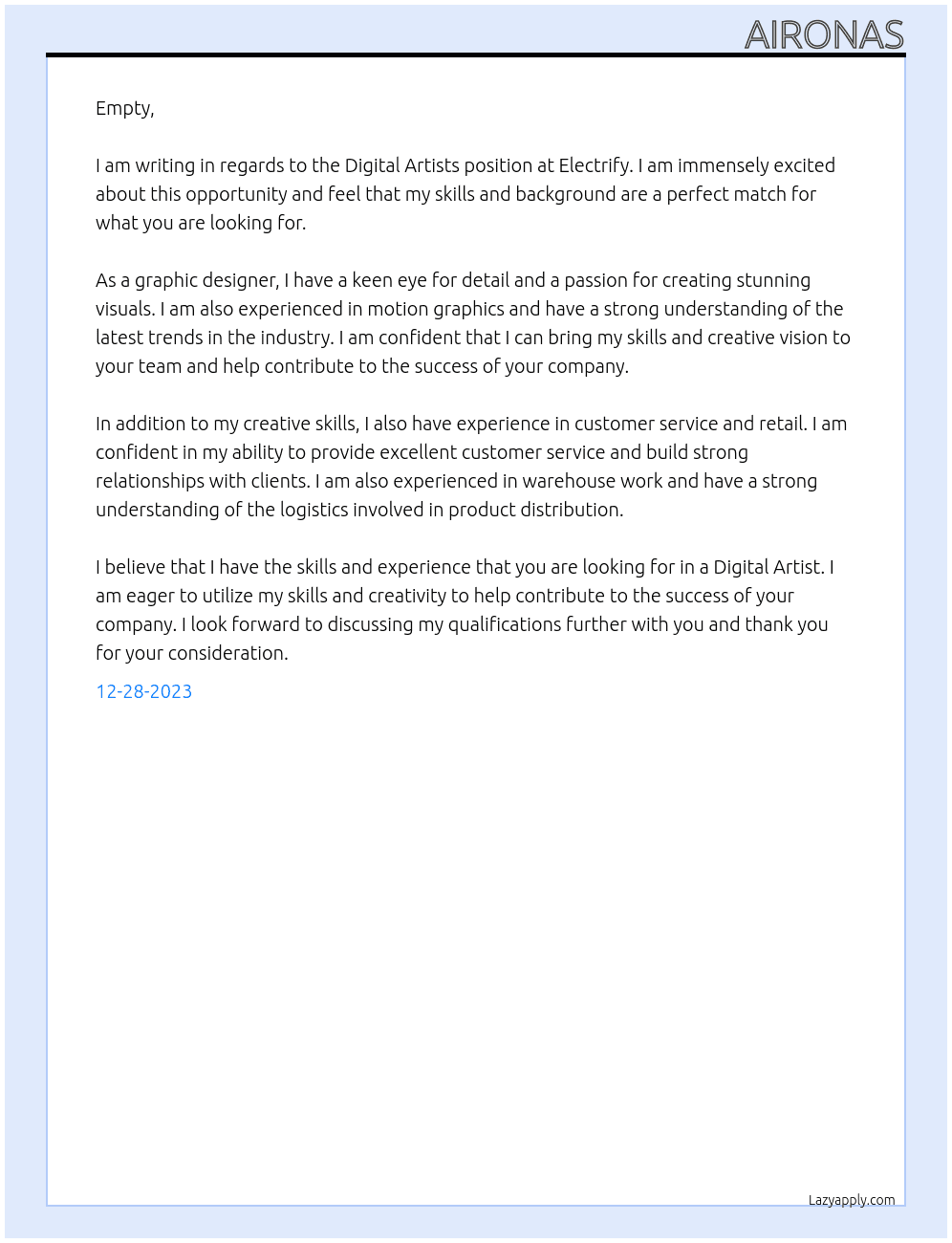 Digital Artists At Electrify Cover Letter