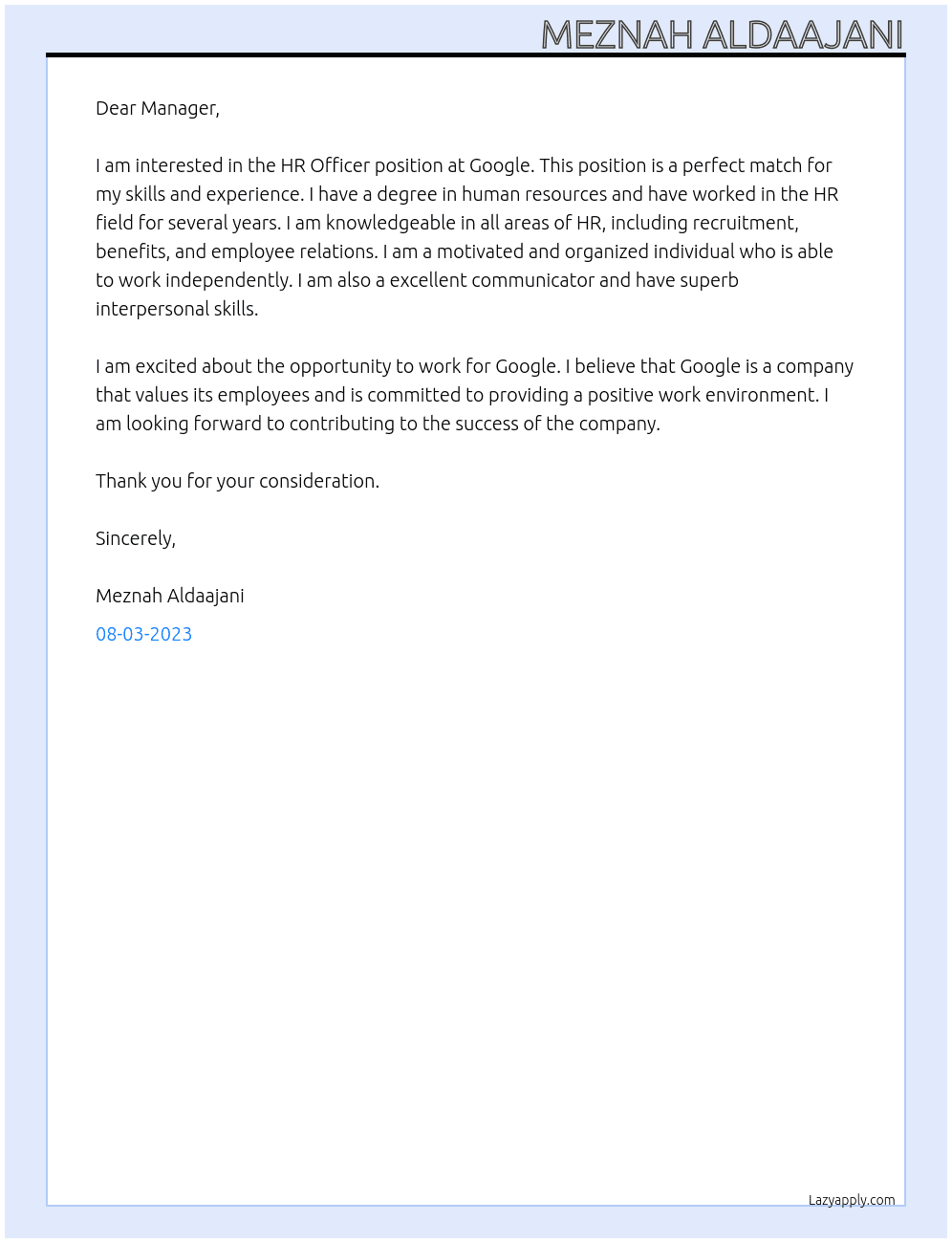 HR OFFICER At GOOGLE Cover Letter