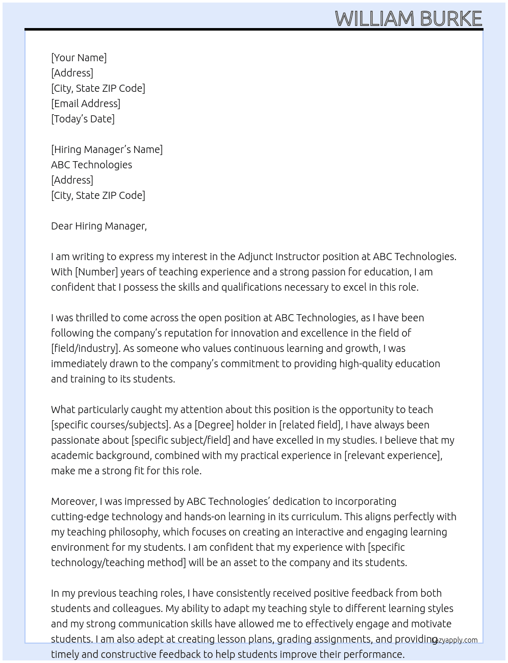 Adjunct Instructor At ABC Technologies Cover Letter
