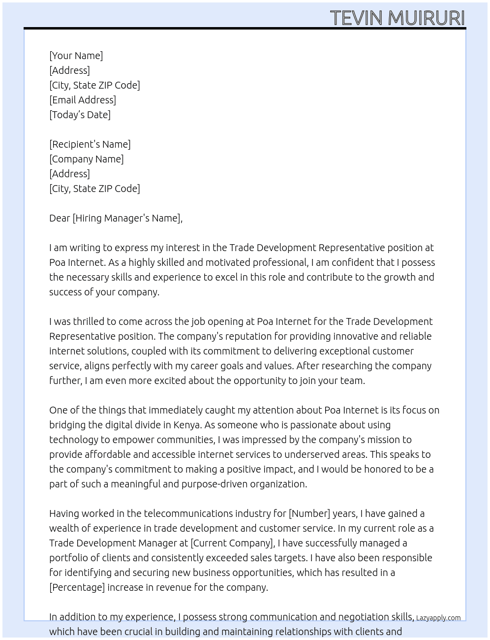 Trade Development Representative At Poa Internet Cover Letter