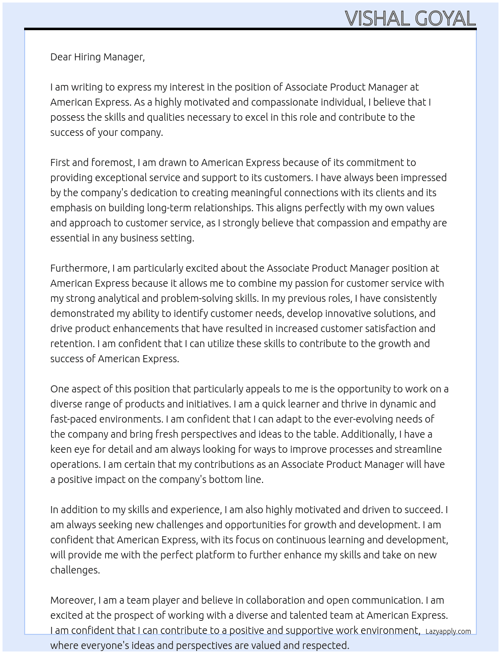 Associate Product Manager At American Express Cover Letter