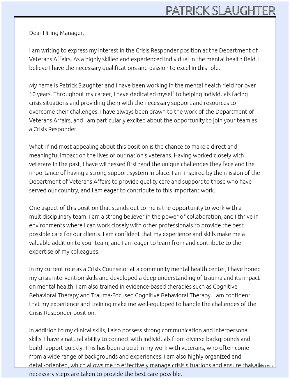 Crisis Responder At Department of Veterans Affairs Cover Letter