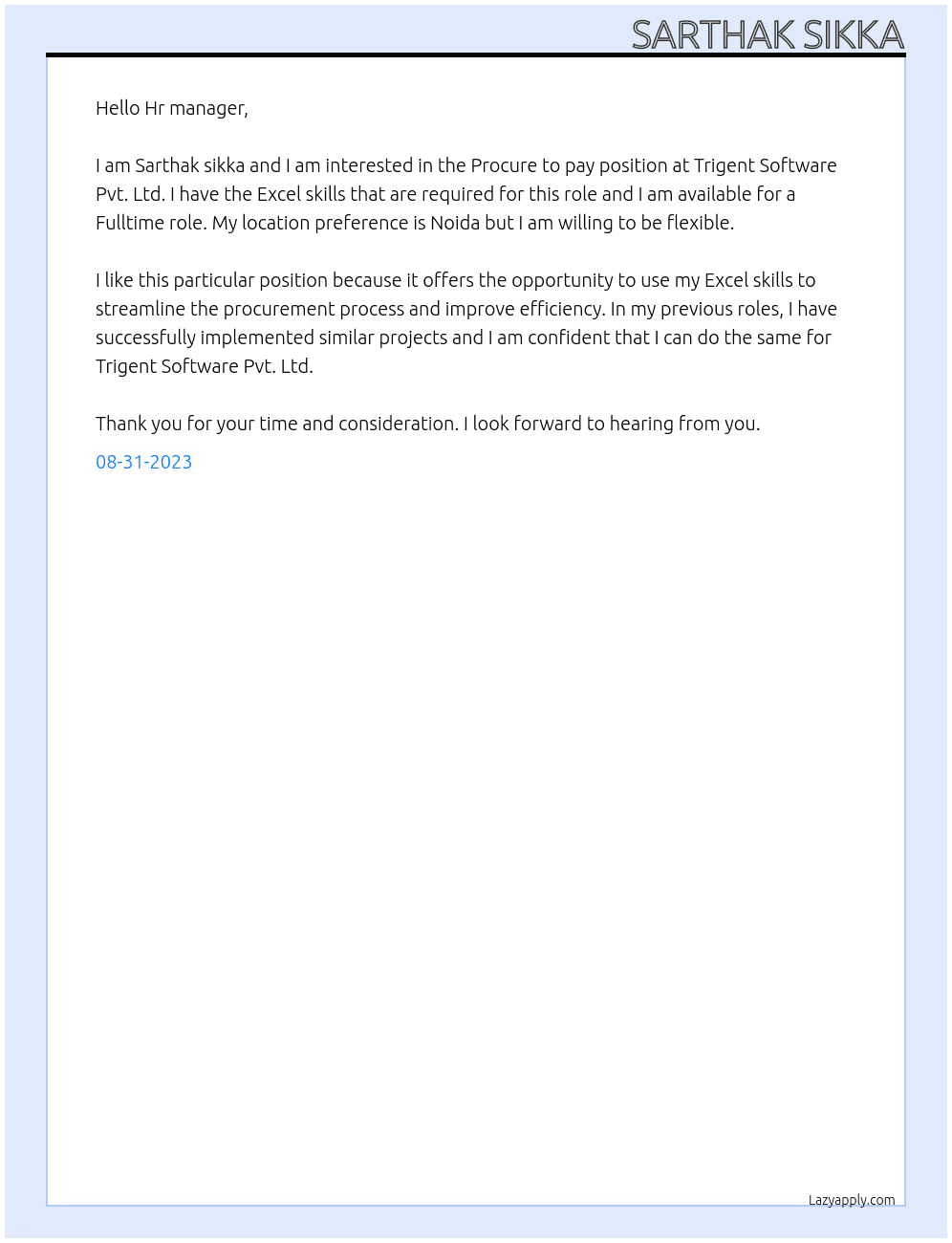 Procure to pay At Trigent Software Pvt. Ltd.  Cover Letter