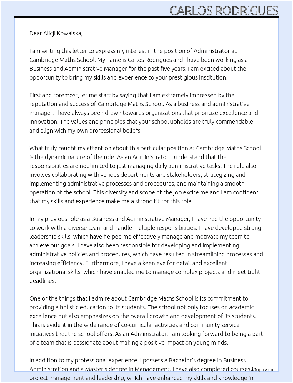 Administrator At Cambridge Maths School Cover Letter