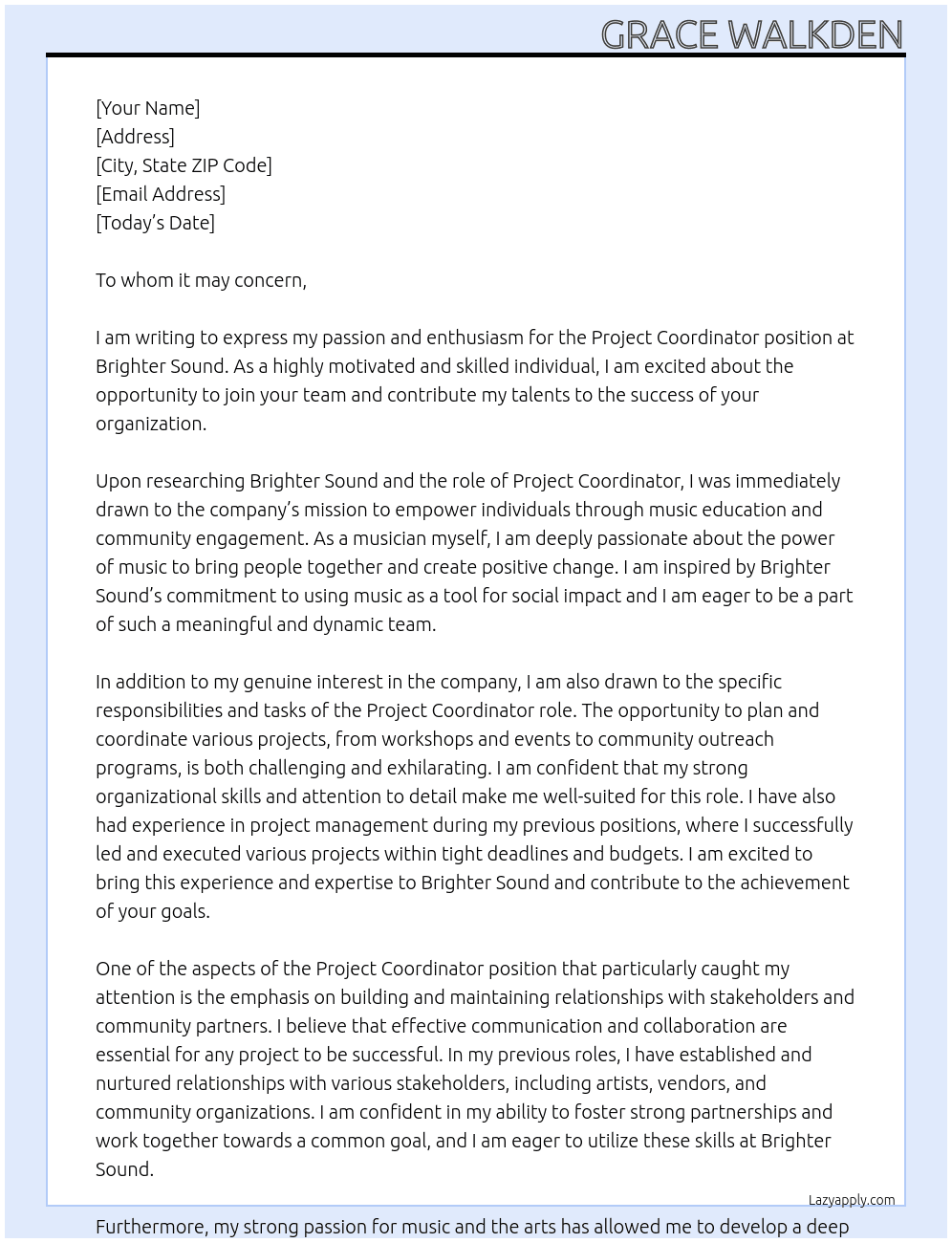 Project Coordinator  At Brighter Sound  Cover Letter