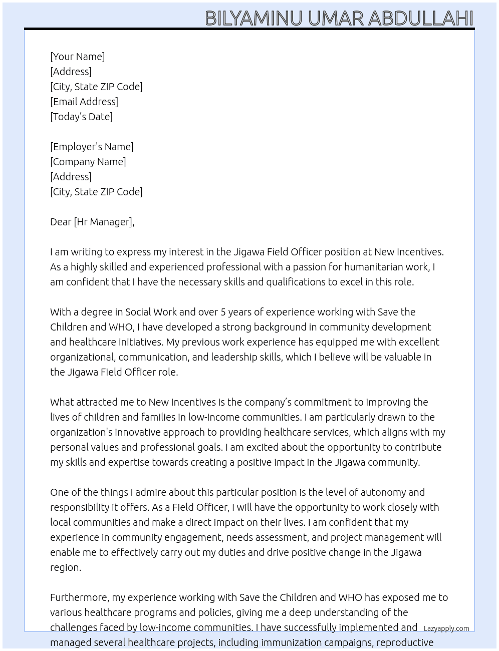 Jigawa Field Officer New Incentives  At New Incentives  Cover Letter