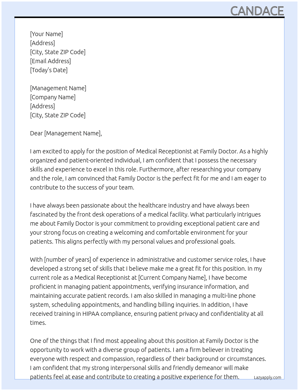 Medical Receptionist At Family Doctor Cover Letter