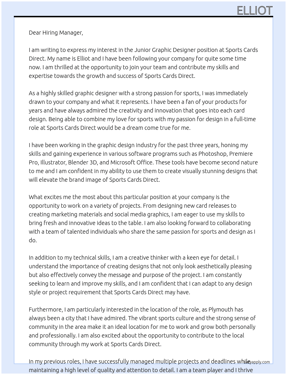 Junior Graphic Designer At Sports Cards Direct Cover Letter
