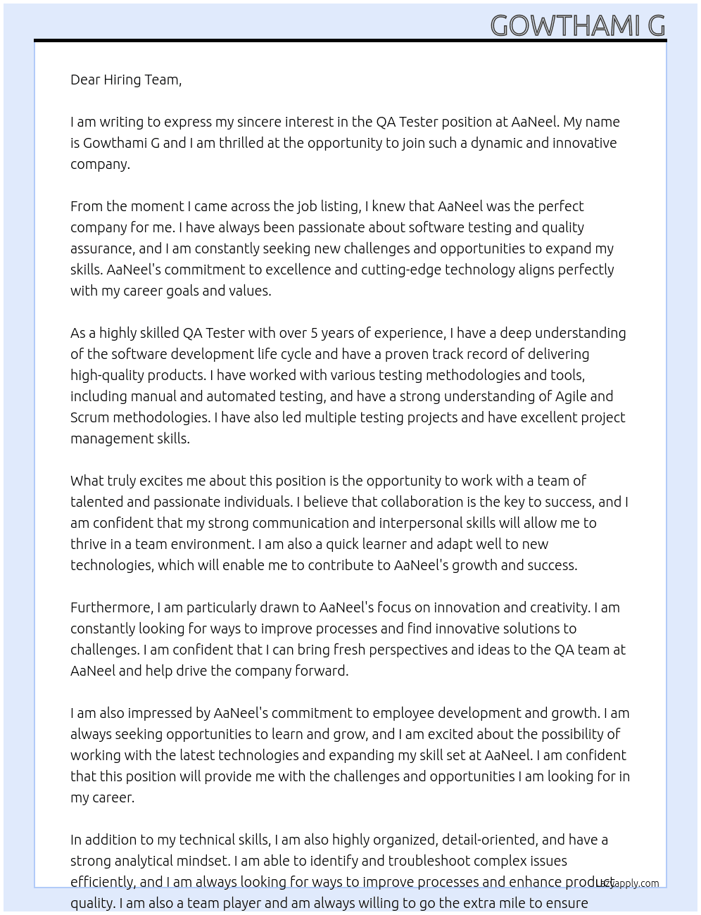 QA Tester At AaNeel Cover Letter