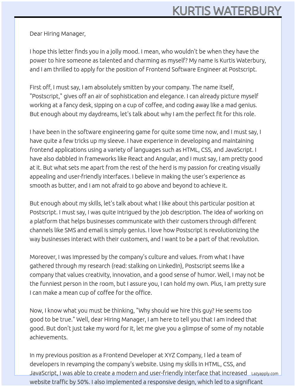 Frontend Software Engineer At Postscript Cover Letter