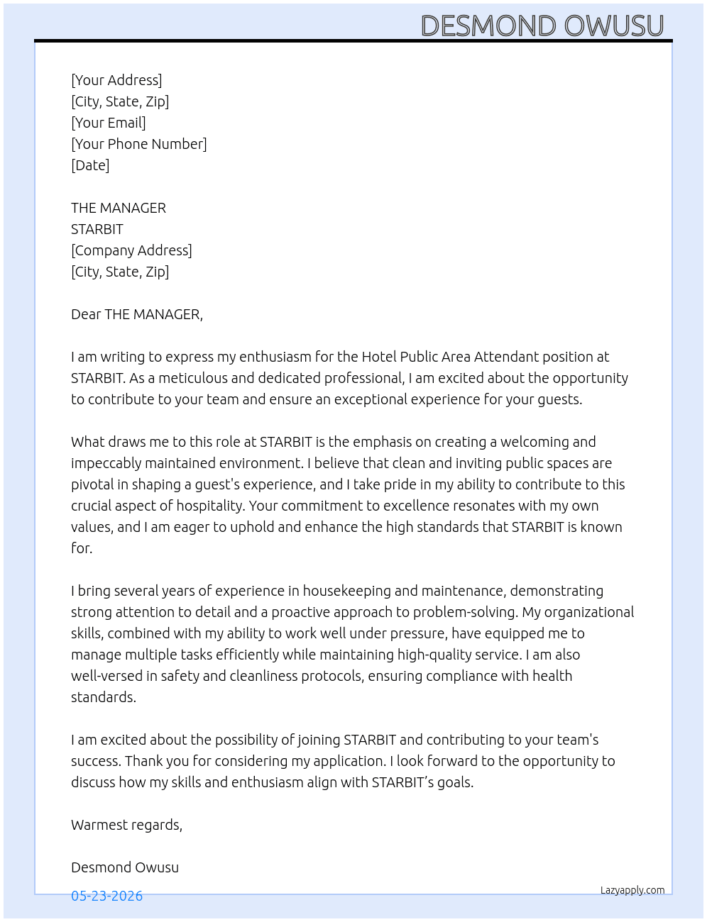hotel public area attendant At STARBIT Cover Letter