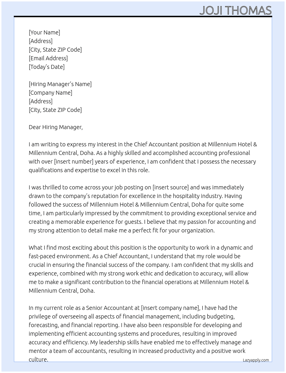 chief accountant At Millennium Hotel & Millennium Central, Doha Cover Letter