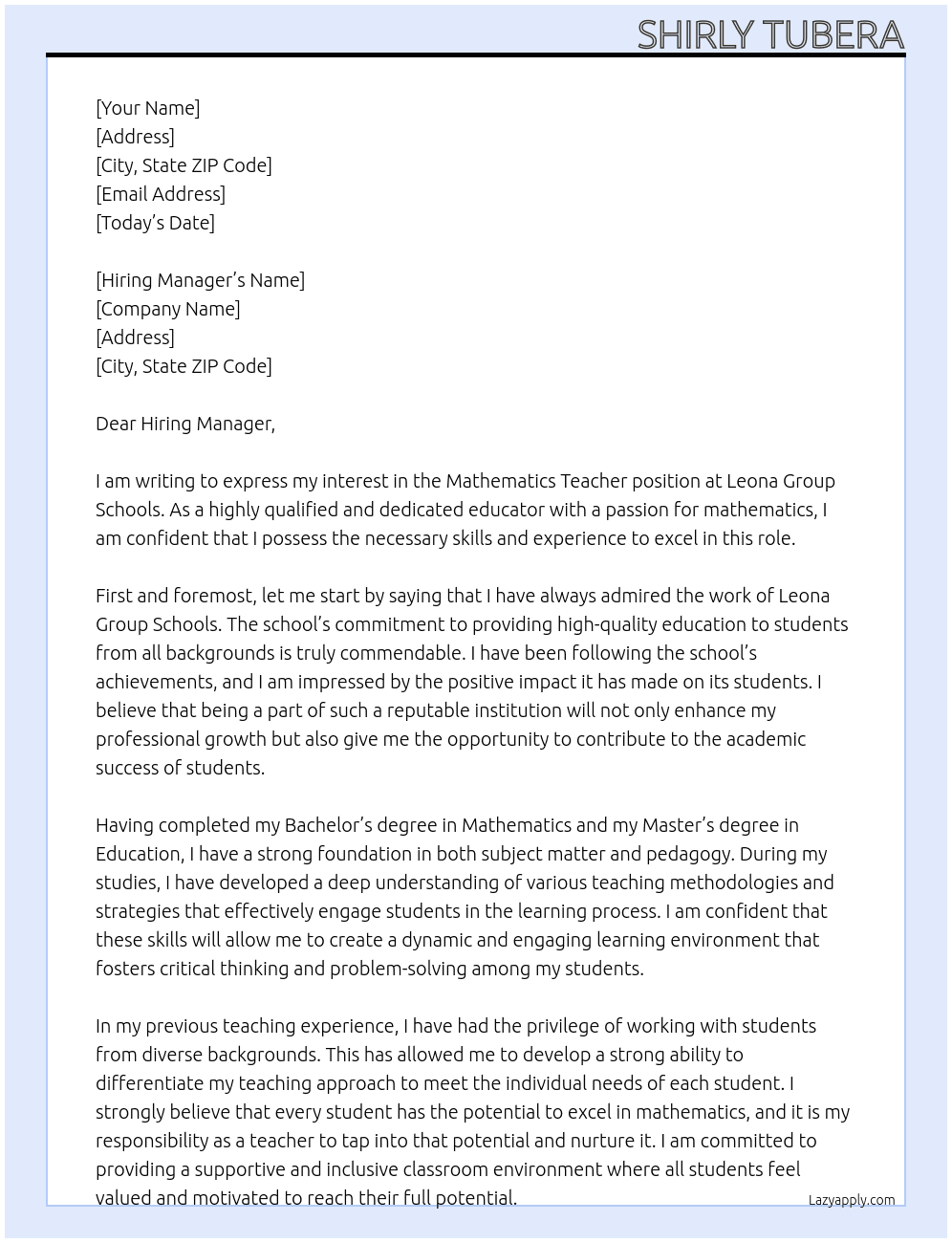 Mathematics Teacher At Leona Group Schools Cover Letter
