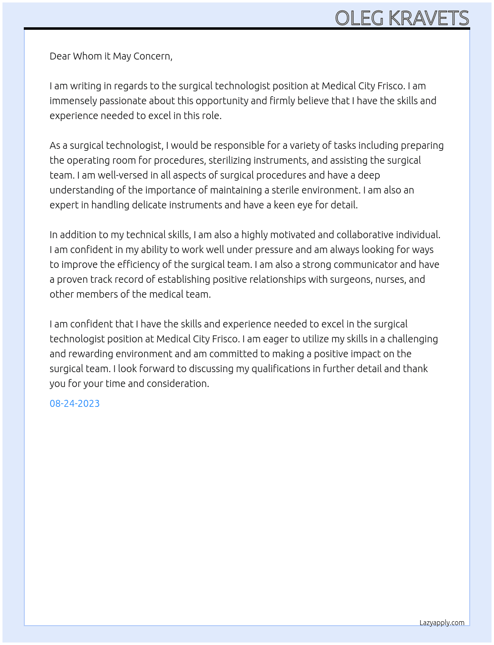 Surgical Technologist  At Medical City Frisco Cover Letter