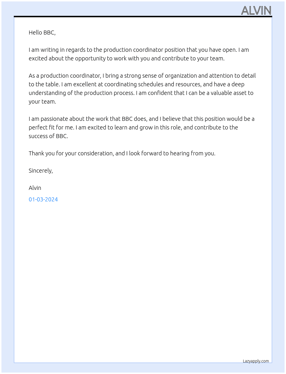 Production coordinator At BBC Cover Letter