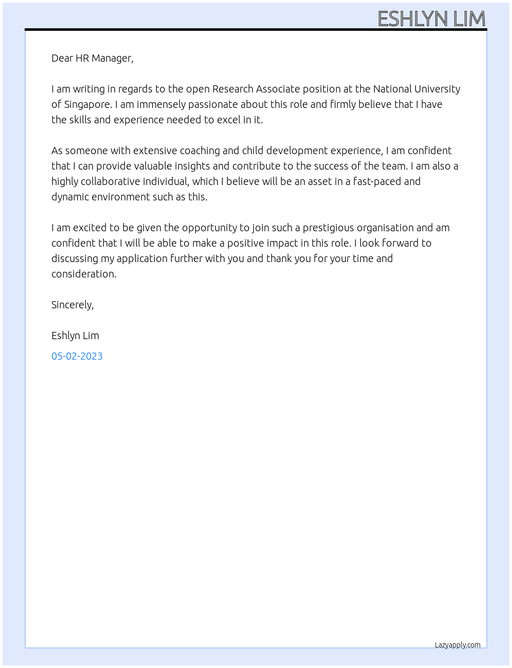 Research Associate At National University of Singapore Cover Letter