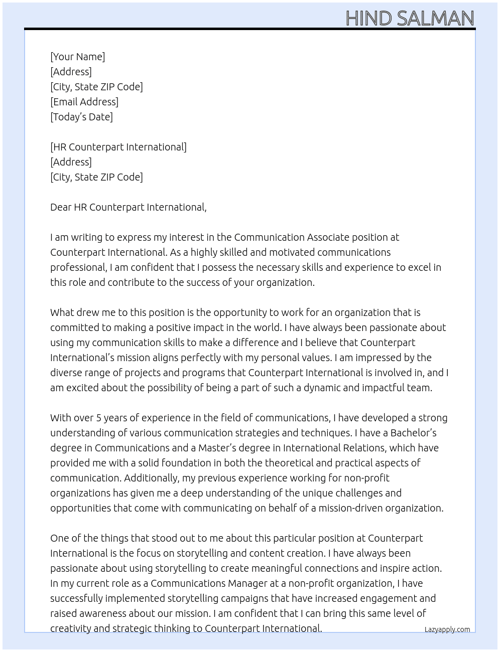 Communication Associate  At Counterpart International  Cover Letter