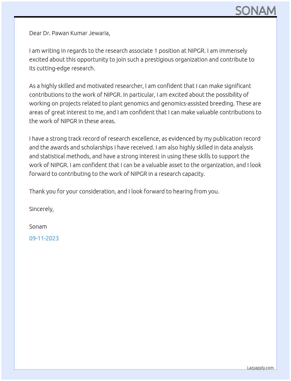 Research associate 1 At NIPGR Cover Letter