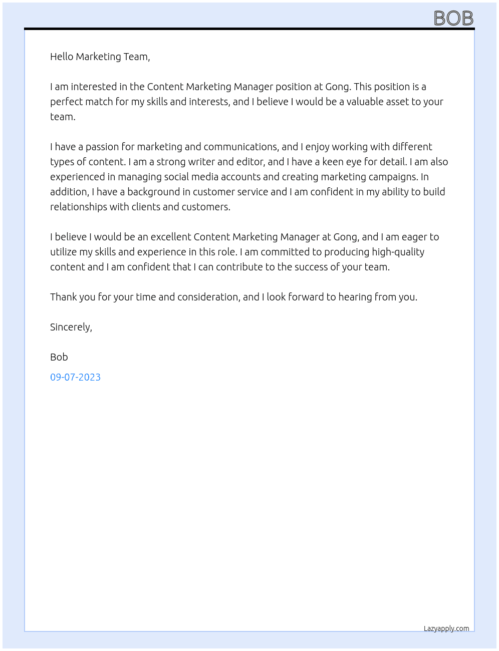 Content Marketing Manager At Gong Cover Letter
