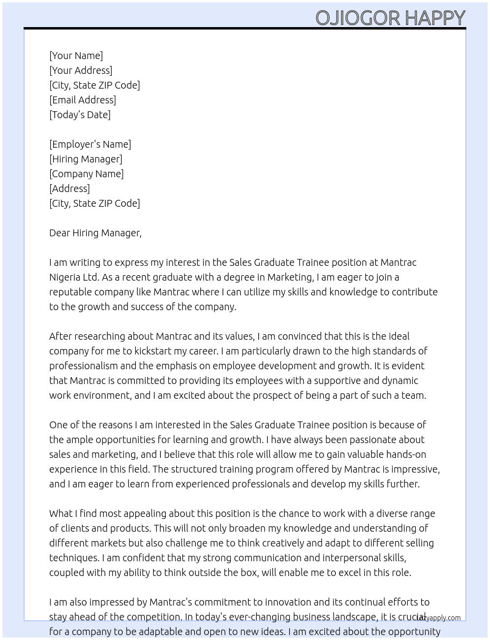 Sales Graduate Trainee  At Mantrac Nigeria Ltd  Cover Letter