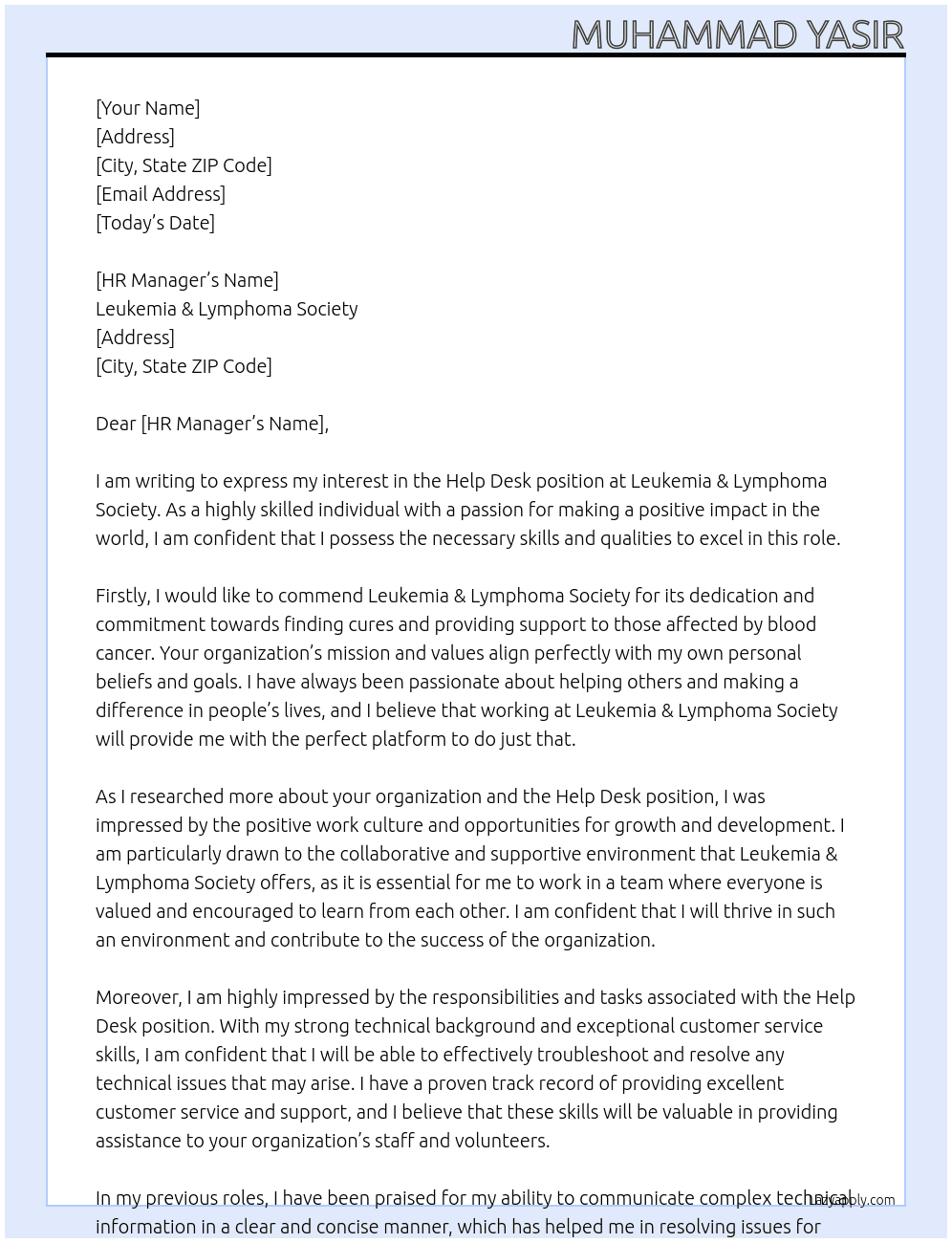 Help Desk At Leukemia & Lymphoma Society Cover Letter