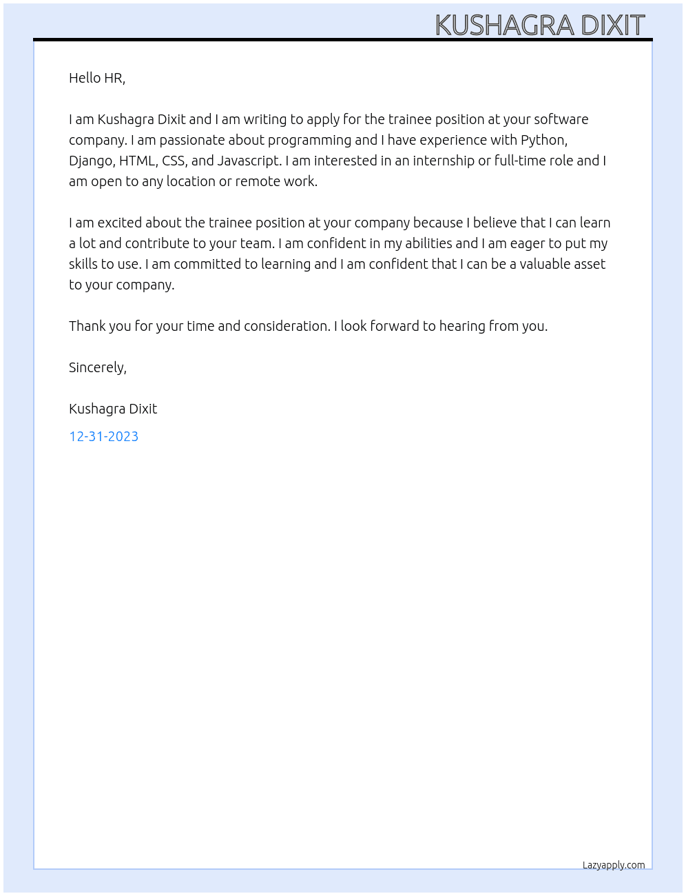 trainee At software companies Cover Letter