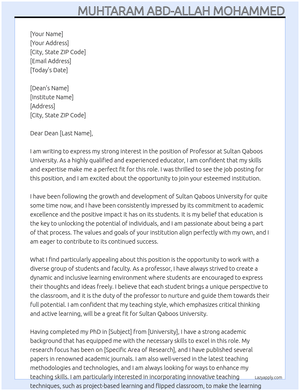 Professor At Sultan Qaboos university Cover Letter