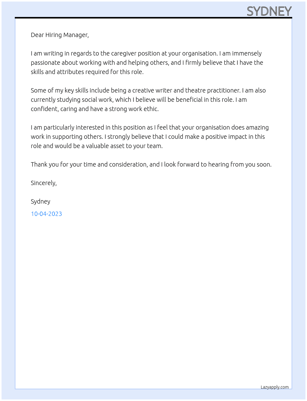 caregiver At your organisation Cover Letter