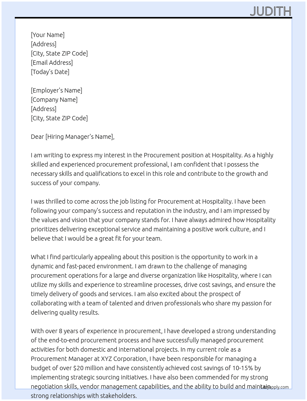 Procurement At Hospitality Cover Letter