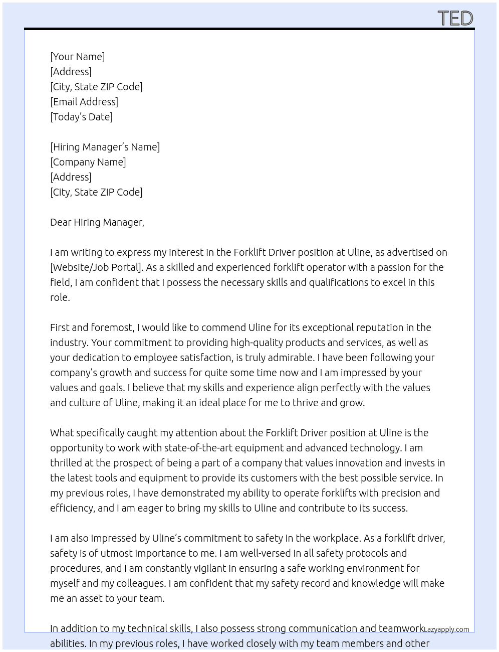 Forklift driver At Uline Cover Letter